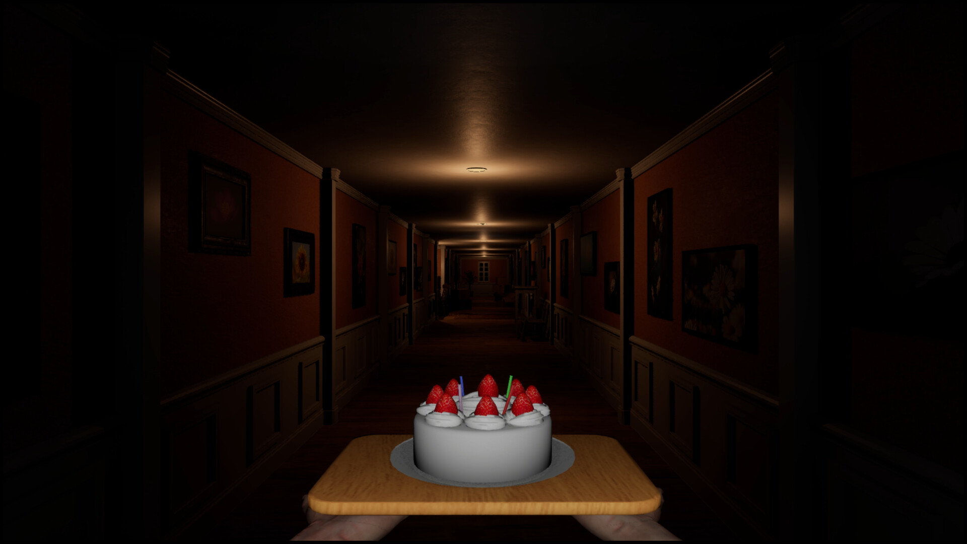 First-person view of a strawberry cake centred on a tray in a dark house corridor
