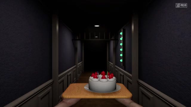 Open house passage with six green lamps in a vertical strip on the right