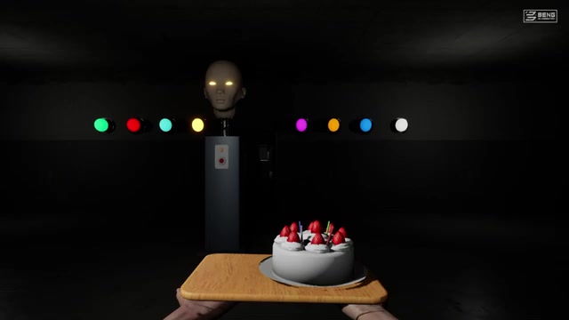 Front-facing mannequin head with glowing eyes, eight coloured lamps and a red button on its pedestal