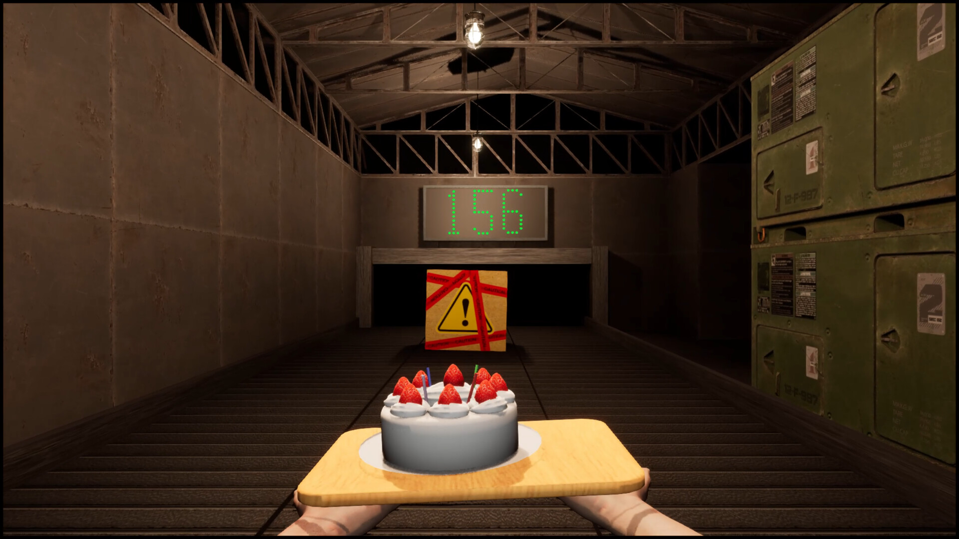 Factory room with a green countdown over a warning-marked obstacle
