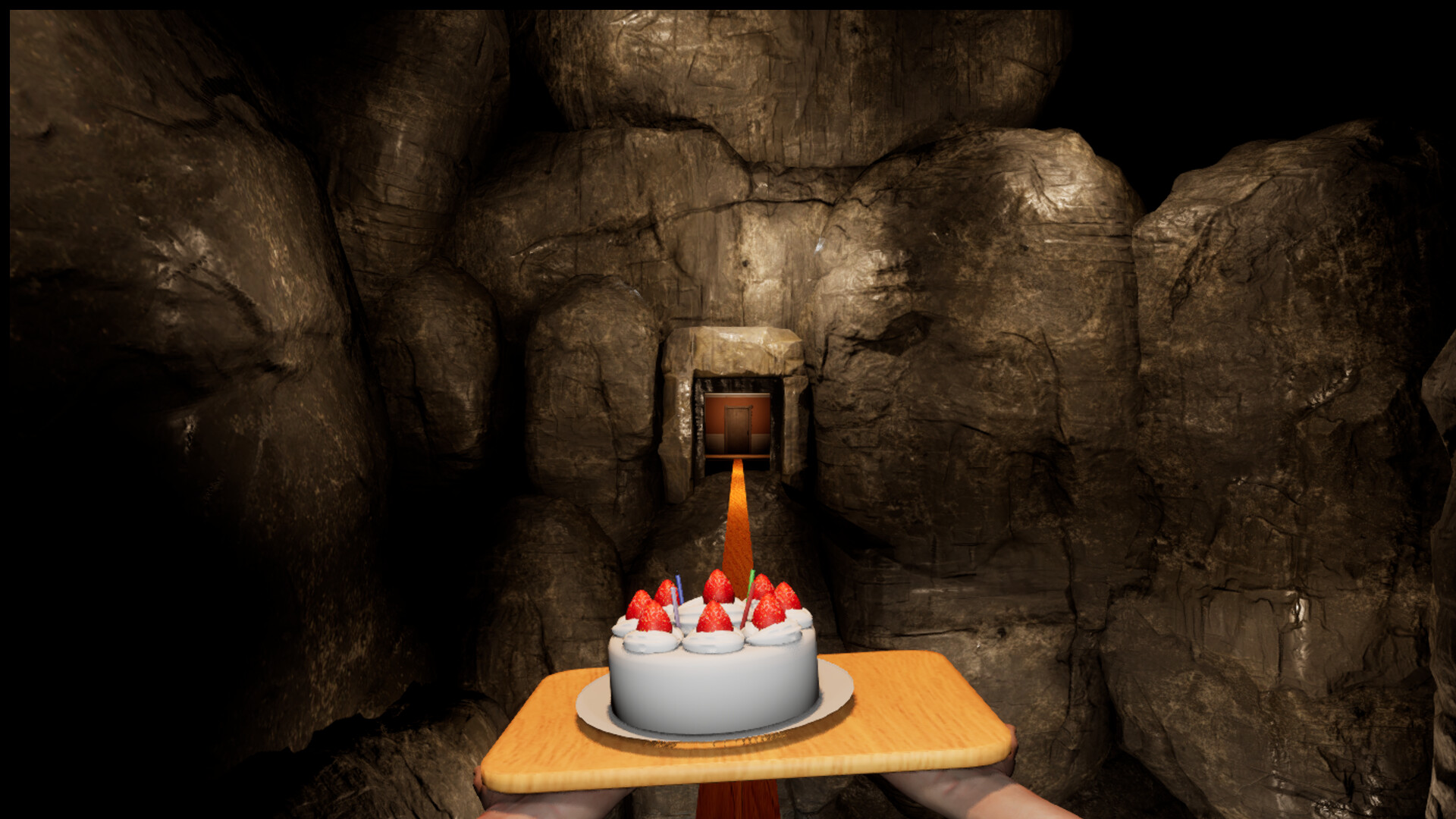 A narrow wooden crossing leading to a distant doorway, with the cake visible on the player's tray